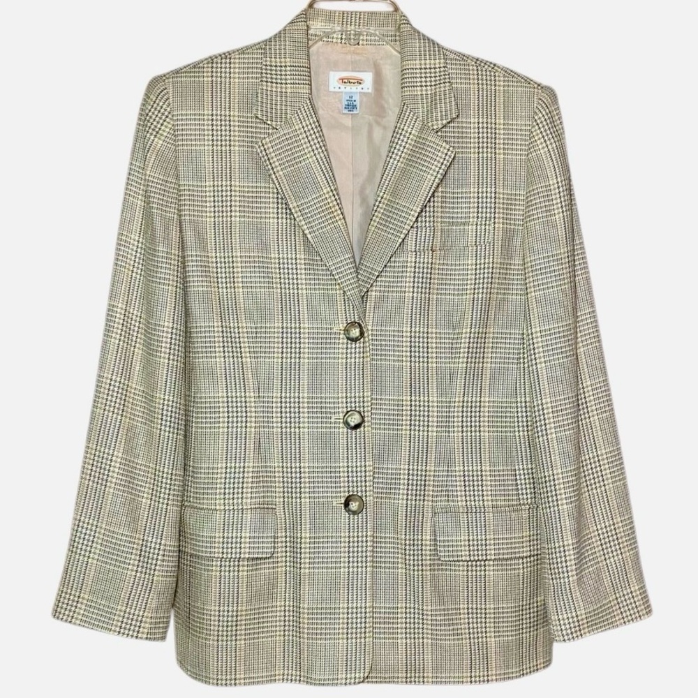 Talbots Silk Blend Glen Plaid Blazer in Pale Gold/Grey/Green Women’s 12P